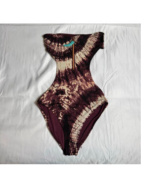 Women's H&M Tie-Dye Strapless One-Piece Swimsuit Size 6 Burgundy Beige
